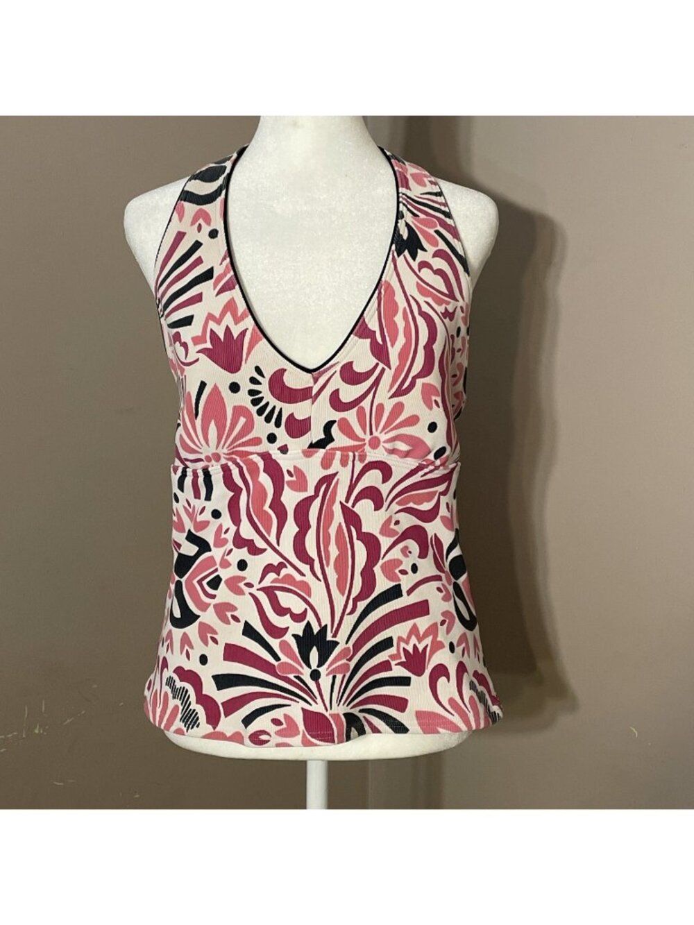 Lands End Tankini Top Swimsuit SZ 10 Pink Black Floral Padded Bra Beach Nautical